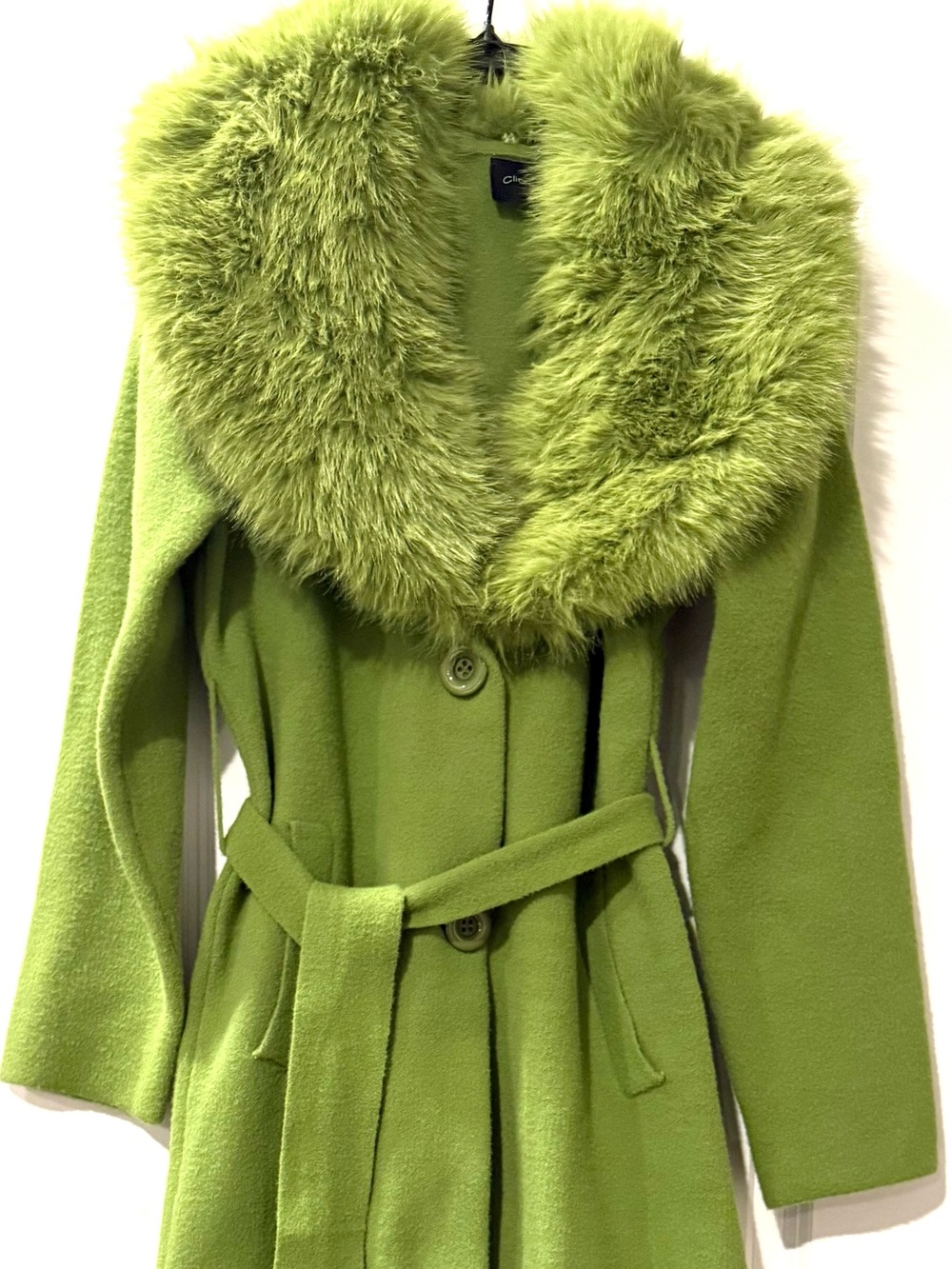 Belted Lime Green Trench Coat with Faux-Fur Collar